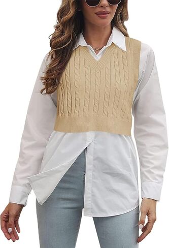 Women's V-Neck Knit Sweater Vest Solid Color Argyle Plaid Preppy Style Sleeveless Crop Knit Vest in Kuwait