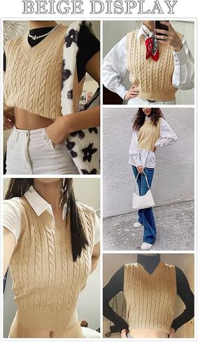 Women's V-Neck Knit Sweater Vest Solid Color Argyle Plaid Preppy Style Sleeveless Crop Knit Vest in Kuwait