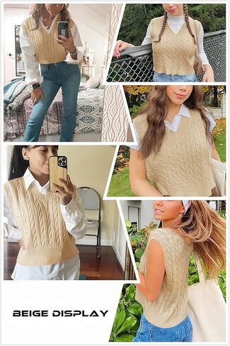 Women's V-Neck Knit Sweater Vest Solid Color Argyle Plaid Preppy Style Sleeveless Crop Knit Vest in Kuwait