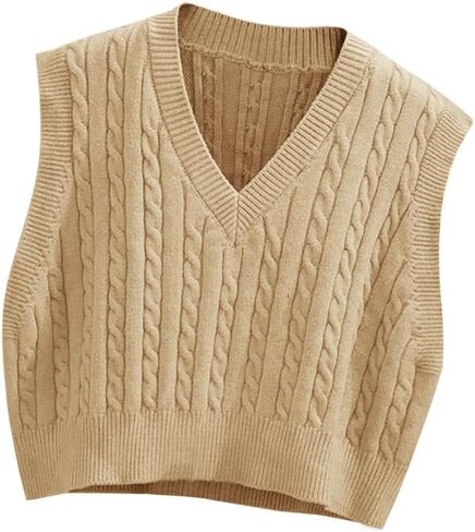 Women's V-Neck Knit Sweater Vest Solid Color Argyle Plaid Preppy Style Sleeveless Crop Knit Vest in Kuwait