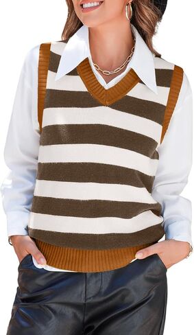 EVALESS Casual V Neck Sweater Tank Tops for Women Fall Color Block Striped Sweater Vest Knit Sleeveless Pullover Sweaters in Kuwait