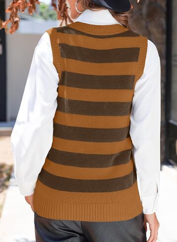 EVALESS Casual V Neck Sweater Tank Tops for Women Fall Color Block Striped Sweater Vest Knit Sleeveless Pullover Sweaters in Kuwait
