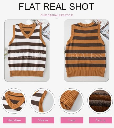 EVALESS Casual V Neck Sweater Tank Tops for Women Fall Color Block Striped Sweater Vest Knit Sleeveless Pullover Sweaters in Kuwait