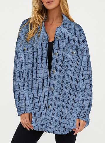SHEWIN Women 2024 Long Sleeve Button Down Shackets Fashion Plaid Pocket Shirts Jacket in Saudi Arabia