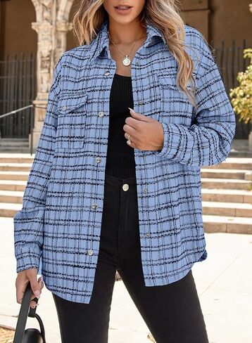 SHEWIN Women 2024 Long Sleeve Button Down Shackets Fashion Plaid Pocket Shirts Jacket in Saudi Arabia