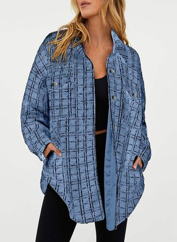 SHEWIN Women 2024 Long Sleeve Button Down Shackets Fashion Plaid Pocket Shirts Jacket in Saudi Arabia