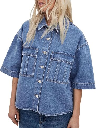 Imily Bela Womens Button Down Denim Jackets Summer Casual Loose Fit Short Sleeve Jean Coats with Pockets in Kuwait