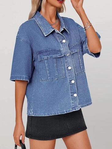 Imily Bela Womens Button Down Denim Jackets Summer Casual Loose Fit Short Sleeve Jean Coats with Pockets in Kuwait