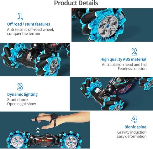 سيارة Deejoy RC Stunt Car، 2.4 جيجا هرتز 4WD للتحكم عن بعد بمستشعر الإيماءات، سيارة دوارة على الطرق الوعرة مزدوجة الجوانب تقلب 360 درجة مع موسيقى أضواء، للأولاد والبنات في أعياد الميلاد in Saudi Arabia