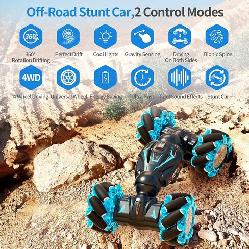 سيارة Deejoy RC Stunt Car، 2.4 جيجا هرتز 4WD للتحكم عن بعد بمستشعر الإيماءات، سيارة دوارة على الطرق الوعرة مزدوجة الجوانب تقلب 360 درجة مع موسيقى أضواء، للأولاد والبنات في أعياد الميلاد in Saudi Arabia