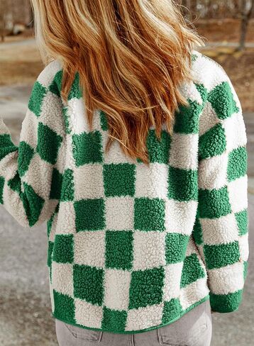 SHEWIN Jackets For Women Causal Long Sleeve Fleece Jacket Loose Lapel Button Down Plaid Sherpa Coats Fall Tops in Saudi Arabia