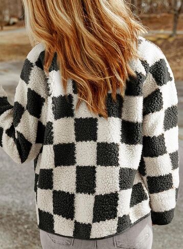 SHEWIN Jackets For Women Causal Long Sleeve Fleece Jacket Loose Lapel Button Down Plaid Sherpa Coats Fall Tops in Saudi Arabia