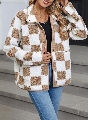SHEWIN Jackets For Women Causal Long Sleeve Fleece Jacket Loose Lapel Button Down Plaid Sherpa Coats Fall Tops in Saudi Arabia