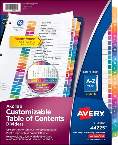 فواصل علامات التبويب Avery A-Z لـ 3 مجلدات حلقية، جدول محتويات قابل للتخصيص، علامات تبويب متعددة الألوان، مجموعة واحدة (11125) in Kuwait