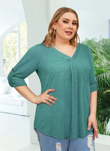 Siddhe Plus Size Tops for Women 3/4 Sleeve Shirts V Neck Blouses Tunic Top Spring Summer 2024. in Kuwait