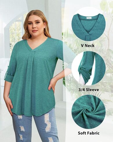 Siddhe Plus Size Tops for Women 3/4 Sleeve Shirts V Neck Blouses Tunic Top Spring Summer 2024. in Kuwait