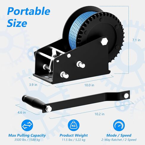 ونش طقم مقطورة قارب 3500 رطل مع حزام بوليستر بطول 33 قدم، سقاطة ثنائية الاتجاه 4:1/8:1 تروس، ونش محمول للقوارب والشاحنات والمقطورات وRV وATV والتزلج على الماء ورافعة كرنك يدوية تأتي مع قفازين، أزرق in Kuwait