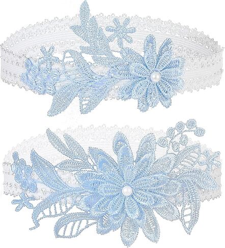 2Pcs Bridal Garters for Bride Blue Garters for Bride Women Garter Belt for Wedding Day Prom Stretchy Flower Lace Garter with Faux Pearl Floral Bridal Lace Wedding Garters in Saudi Arabia