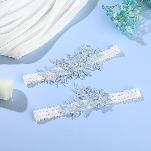 2Pcs Bridal Garters for Bride Blue Garters for Bride Women Garter Belt for Wedding Day Prom Stretchy Flower Lace Garter with Faux Pearl Floral Bridal Lace Wedding Garters in Saudi Arabia