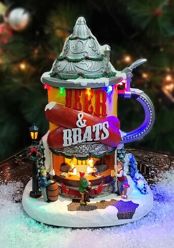 لحظات في الوقت المناسب 11.2 بوصة ارتفاع كشك بيرة ونقانق قرية الكريسماس المرسوم يدويًا من الراتنج مع أضواء LED وموسيقى عيد الميلاد in Kuwait