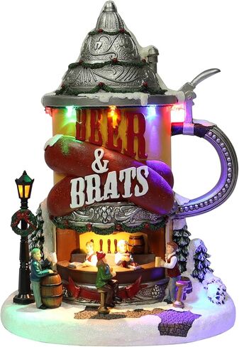 لحظات في الوقت المناسب 11.2 بوصة ارتفاع كشك بيرة ونقانق قرية الكريسماس المرسوم يدويًا من الراتنج مع أضواء LED وموسيقى عيد الميلاد in Kuwait