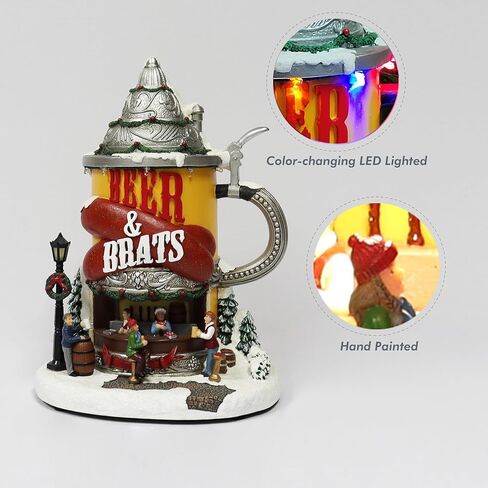 لحظات في الوقت المناسب 11.2 بوصة ارتفاع كشك بيرة ونقانق قرية الكريسماس المرسوم يدويًا من الراتنج مع أضواء LED وموسيقى عيد الميلاد in Kuwait