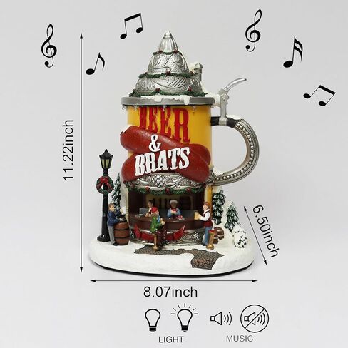 لحظات في الوقت المناسب 11.2 بوصة ارتفاع كشك بيرة ونقانق قرية الكريسماس المرسوم يدويًا من الراتنج مع أضواء LED وموسيقى عيد الميلاد in Kuwait