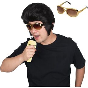 Miss U Hair Short Wavy Brown Wig for Men 70s Retro Rocker Wig Party Cosplay Wig with Retro Glass and Necklace