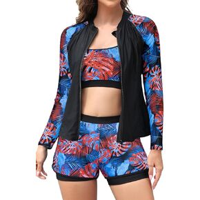 SHEKINI Women's 3-Piece Zipper Rash Guard Swimsuits with Tank Bikini Top & High Waist Boyshort