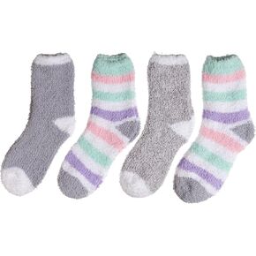 Trimfit Little Girls Microfiber Fuzzy Printed Cozy Socks 4-pack Grey-Purple-Pink (XS / 5-7 Sock / 6-11 Shoe Size)…
