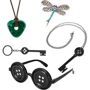 5PCS Coraline Costume Accessories Set, Includes 2 Necklaces, 1 Anime Button Eyes Glasses, 1 Hairclip and Keychain