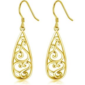 Solid 18K Gold Over 925 Sterling Silver Dangle Earrings, Lightweight Filigree Teardrop Earrings/Silver Earrings, Gold Earrings for Women