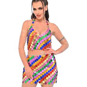 Aukmla Women Sparkly Rainbow Sequin Chain Skirt and Crop Top Dot Rave Chainmail Skirts Set Nightclub Dance Outfits