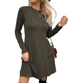 VIMPUNEC Fall Winter Women Casual Long Sleeve Mini Dresses Flowy A Line Short Dress with Pockets