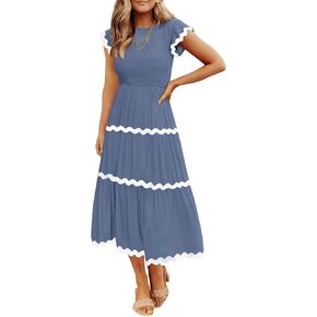 ZESICA Women's Summer Flutter Short Sleeve Smocked Midi Dress 2024 Casual High Waist Rickrack Tiered Flowy Dresses