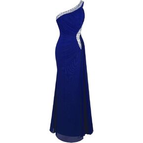Angel-fashions Women's One Shoulder Ruching Beading Ribbon Soft Evening Gown