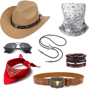 EIELO Cowboy Costume Outfit for Men Women Western Cowboy Hat Bolo Tie Buckle Belt Accessories Set for Halloween Cosplay Party