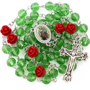 Our Lady of Guadalupe Rosary Beads Catholic for Women,Virgen De Guadalupe Green Crystal Rosary with Red Rose,Virgin Mary Necklace Catholic Gifts Women,Rosarios Catolicos Para Muje