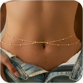 CHESKY Gold Waist Chains for Women, 14K Gold Plated Layered Belly Beads for The Waist Adjustable Waterproof Sexy Bikini Satellite Bead Chain Summer Non Tarnish Body Chain Jewelry Gifts for Women