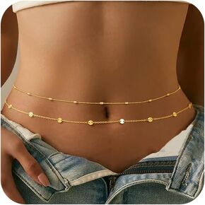CHESKY Gold Waist Chains for Women, 14K Gold Plated Layered Belly Beads for The Waist Adjustable Waterproof Sexy Bikini Satellite Bead Chain Summer Non Tarnish Body Chain Jewelry Gifts for Women