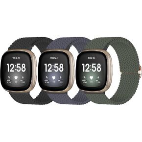 Chinber 3 Pack Elastic Band, Compatible with Fitbit Versa 3/Fitbit Versa 4 Bands/Fitbit Sense 2/Fitbit Sense Soft Breathable Loop Nylon Sport Adjustable Bands