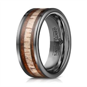 Men's Black Tungsten Carbide Wedding Band - Premium Grade 8mm Deer Antler Ring with Black and Antler Inlay - Includes Silicon Band, Leather Drawstring Pouch, & Luxury Walnut Ring Box