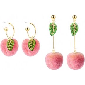 2 Pairs Set Cute Creative Super Lightweight Lifelike Pink Peach With Leaf Dangle Drop Earrings Sets Funny Imtation Charm Fruit Hoop Earrings Jewelry Gifts for Women Girls