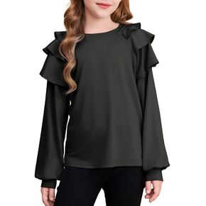 Girls Cute Ruffle Long Sleeve Shirts Fall Casual Crewneck Blouses Tops