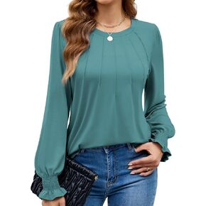 Funlingo Womens Long Sleeve Tops Fashion Fall Shirts Scoop Neck Pleated Ruffle Loose Tunic Tops Business Work Blouse