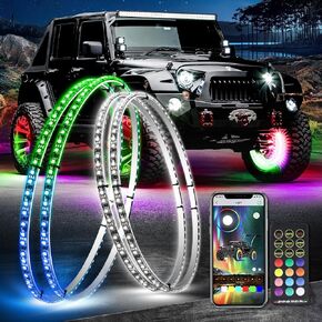 4PCS 15.5 Inch Dancing Color and Pure White LED Wheel Ring Light with Turn Signal and Braking Function, Can Controlled by Remote and APP, Single Row Rim Lights for Truck, Vehical, Offroad
