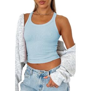 Ribbed Cropped Tank Top - Scoop Neck Workout Summer Halter Tops Women Sleeveless Basic Camis