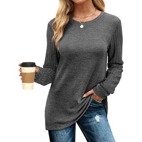 WIHOLL Womens Long Sleeve Tops Round Neck Dress Shirts Trendy Fashion 2024
