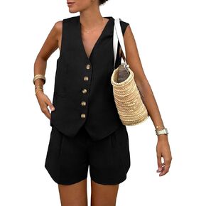 Habenall 2 Piece Outfits for Women Summer Bussiness Linen Sets Sleeveless V Neck Vest Button Waistcoat and Pockets Shorts (1S-Black-XL), X-Large
