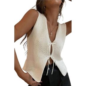 Women Crochet Knit Vest Top Tie Front Y2k V Neck Sleeveless Shirt Cute Summer Going Out Tops Streetwear